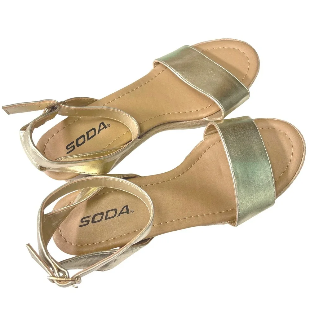 Soda 6 Gold Wedge Sandals Ankle Strap Espadrille Platform Boho Summer Glam